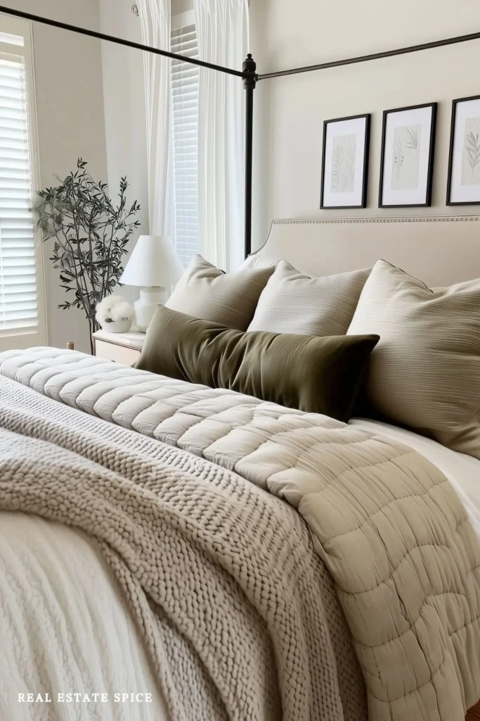 small bedroom with neutral colors 4 post bed