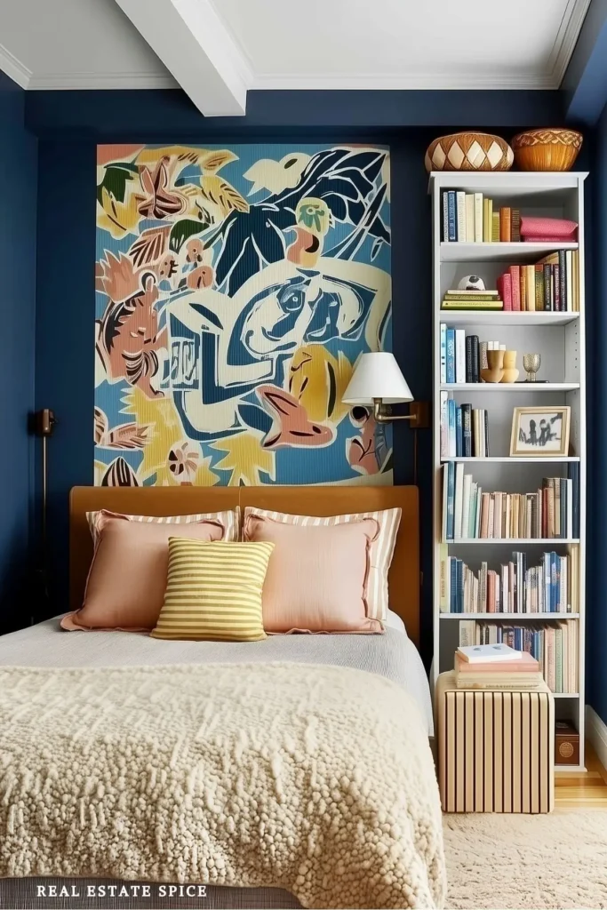 small bedroom with tall bookshelf