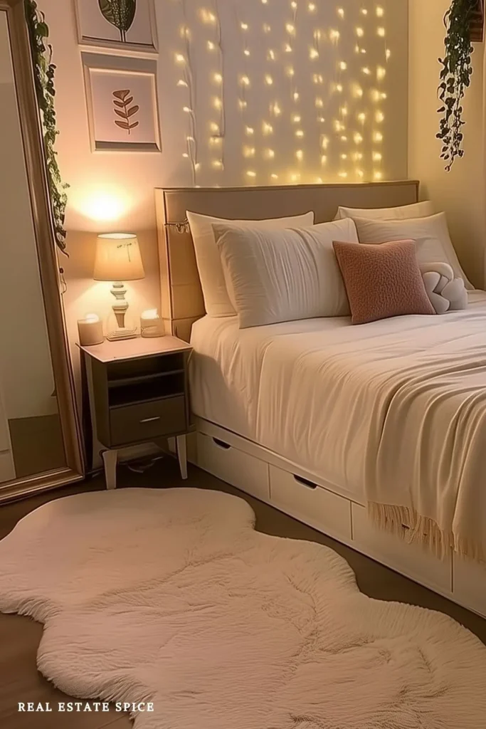 small bedroom with walking path