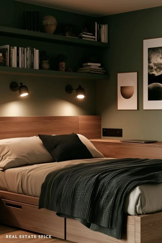 small bedroom with wall shelves