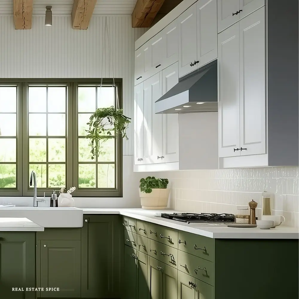small kitchen with green and white cabinets lighting