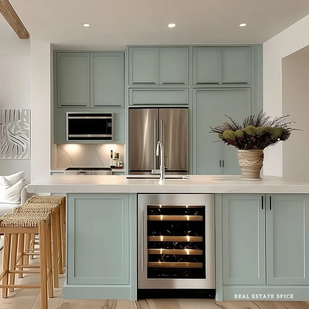 small kitchen with painted sage green bluish cabinets