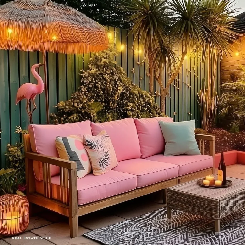 small patio with outdoor bench string lights outdoor small table and rug