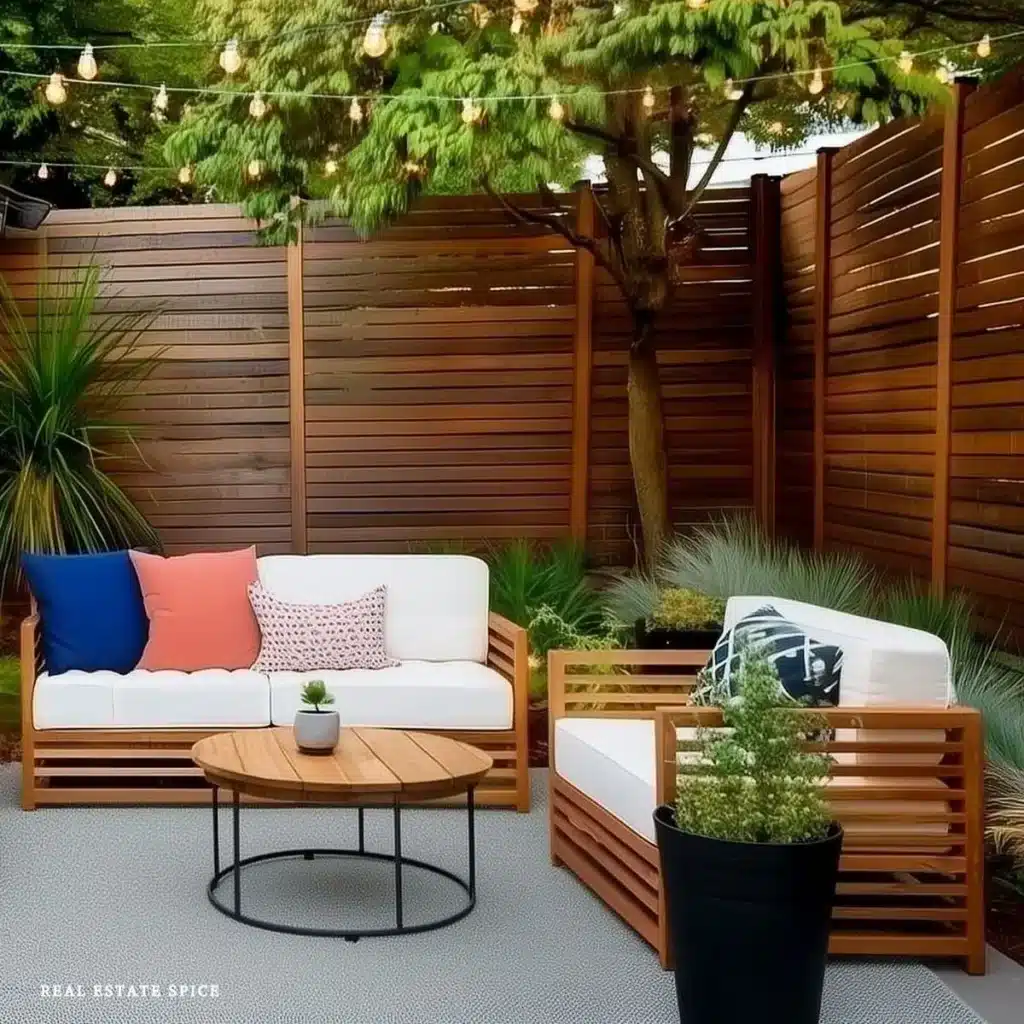 small patio with small outdoor seating plant small outdoor table with an outdoor rug and string lights above