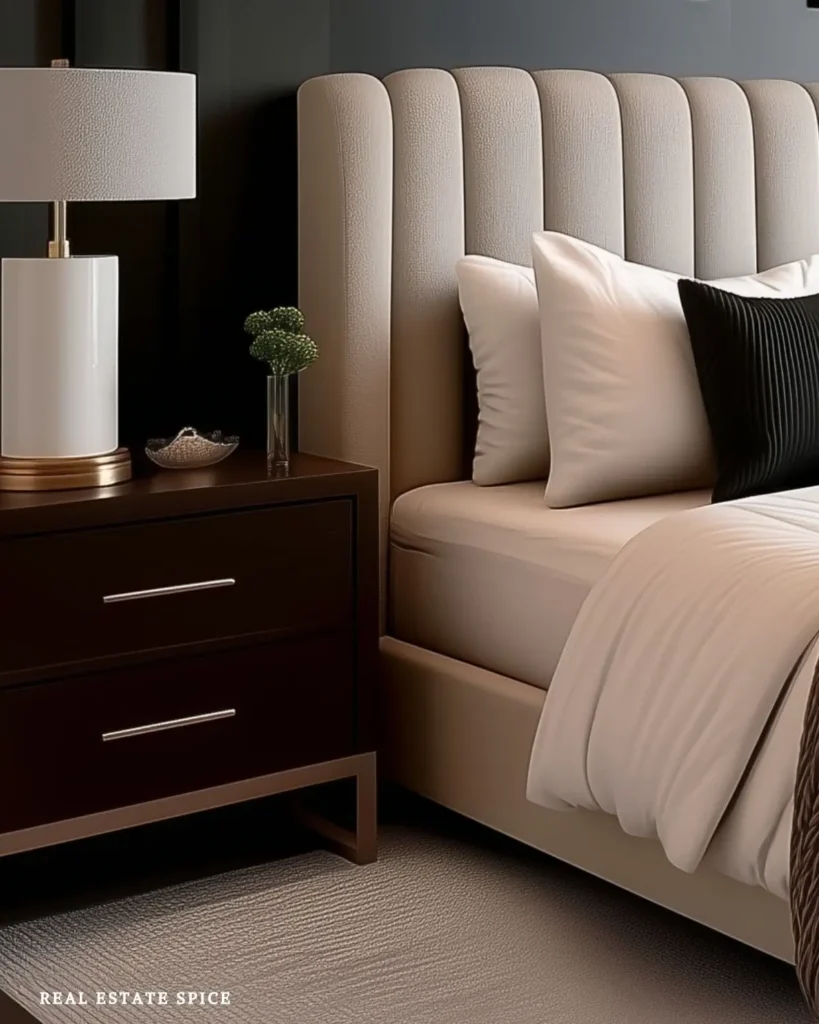 small wood dresser next to bed