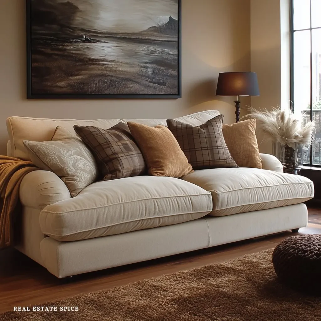 sofa on furniture risers cream color sofa earth tone accent pillows