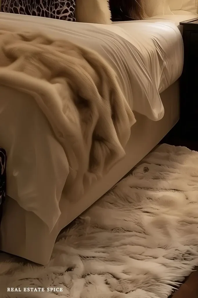 Soft white shag rug beside a beige upholstered bed with layered cream bedding