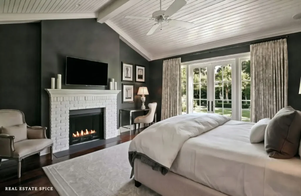 Spacious bedroom with a charcoal accent wall, white fireplace, neutral bedding, and French doors.
