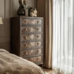 tall dresser in small bedroom near window