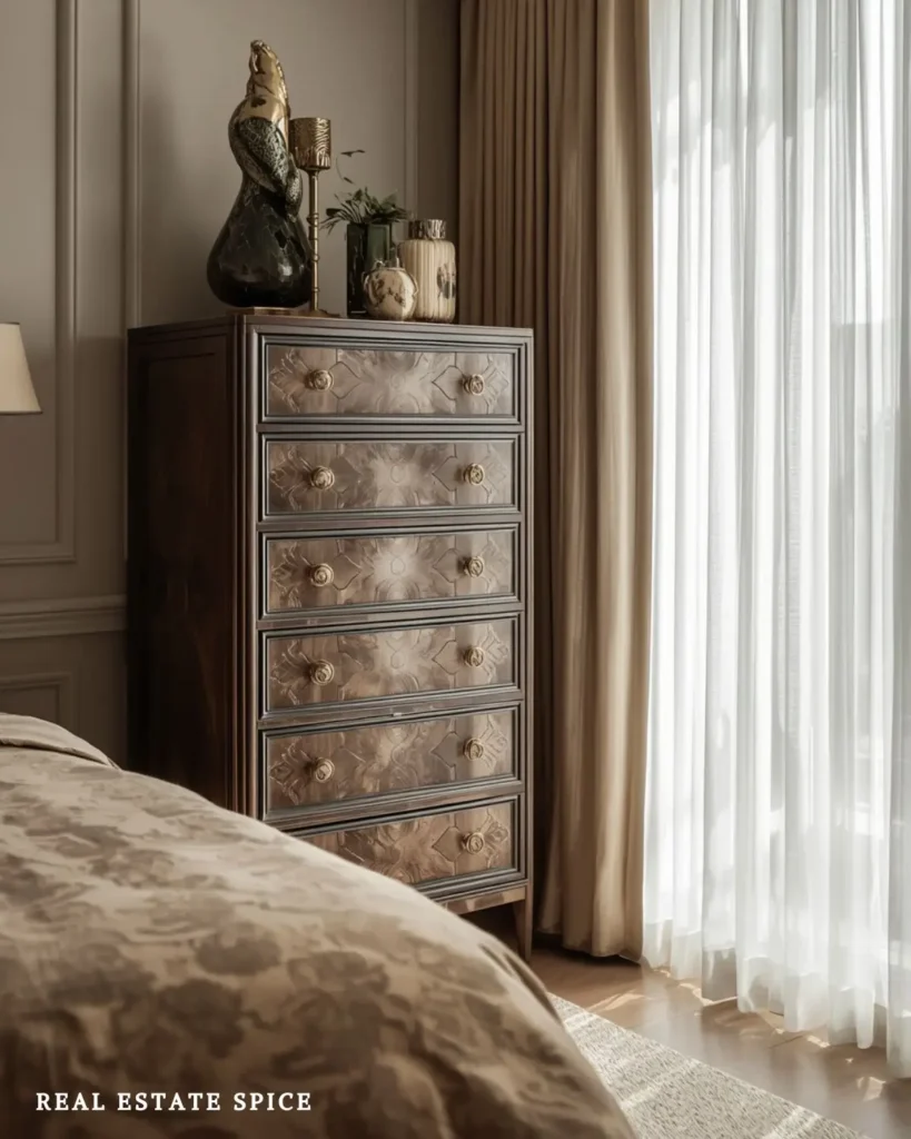 tall dresser in small bedroom near window