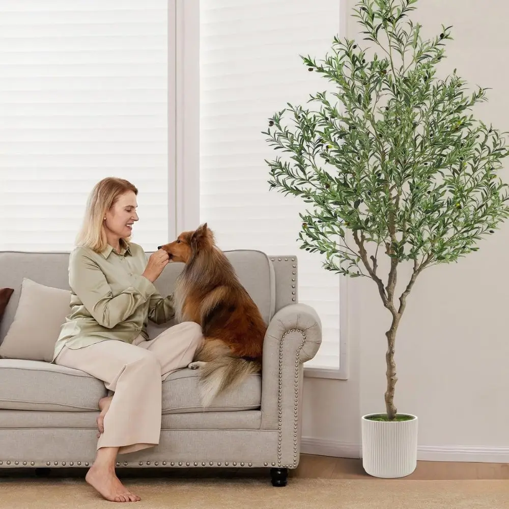 tall faux olive tree in living room