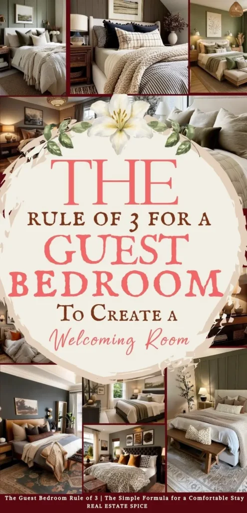says the rule of 3 for a guest bedroom to create a welcoming room with 6 photos of guest bedrooms below says The Guest Bedroom Rule of 3 | The Simple Formula for a Comfortable Stay