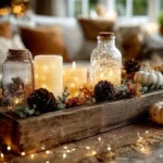 tray on coffee table decorated for fall