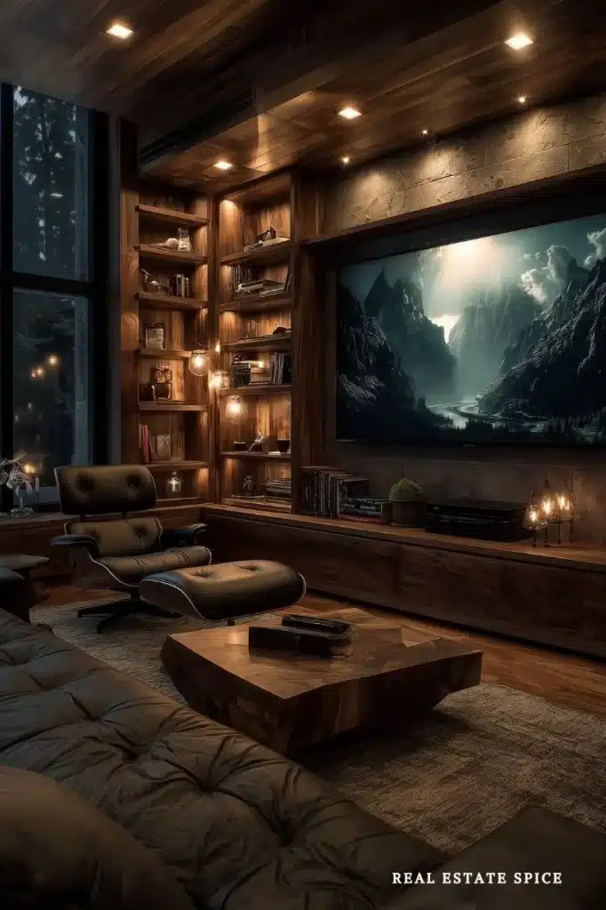tv wall with dark wood accent colors