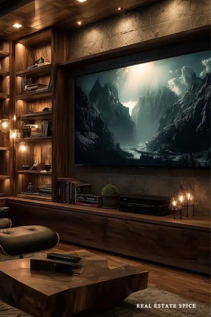 tv wall with dark wood accents