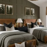 twin beds with bedding in bedroom