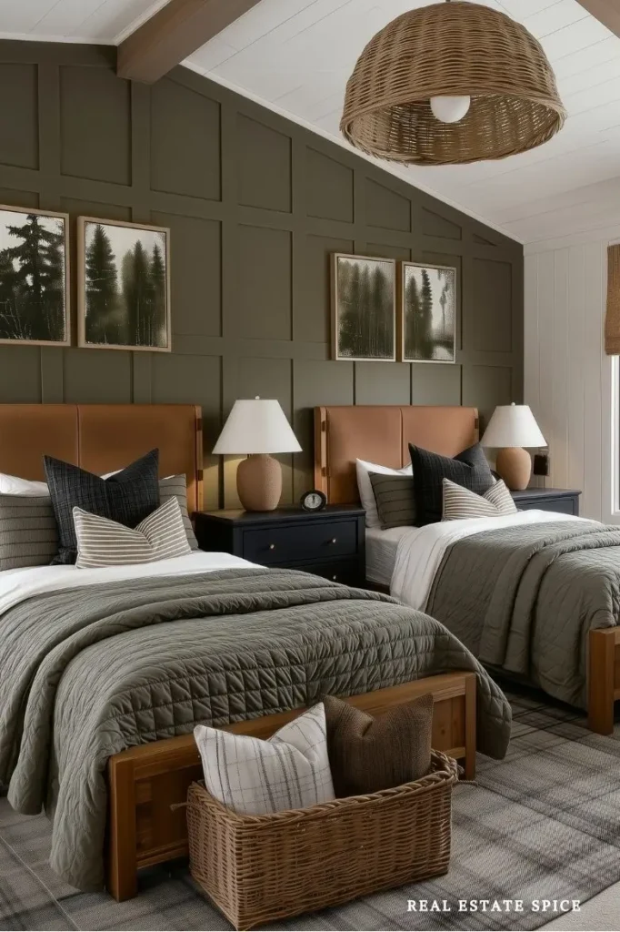 twin beds with bedding in bedroom