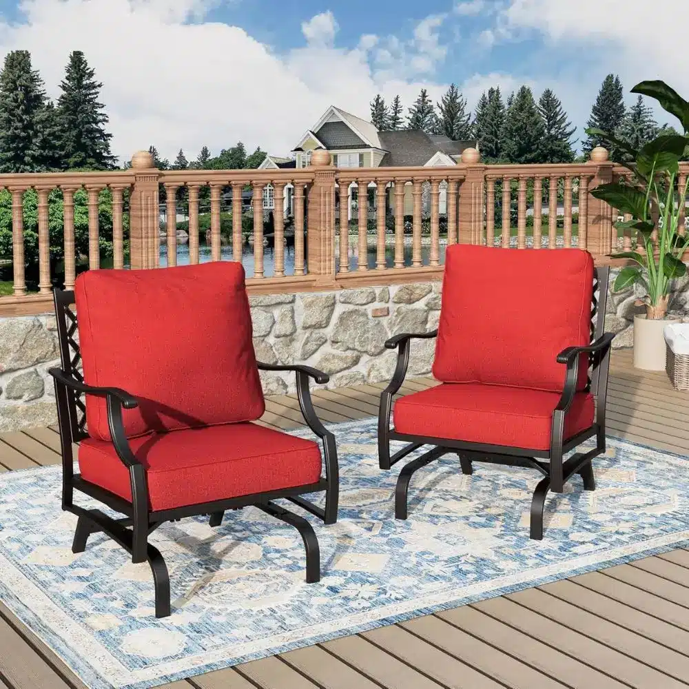 two outdoor chairs with seating cushions