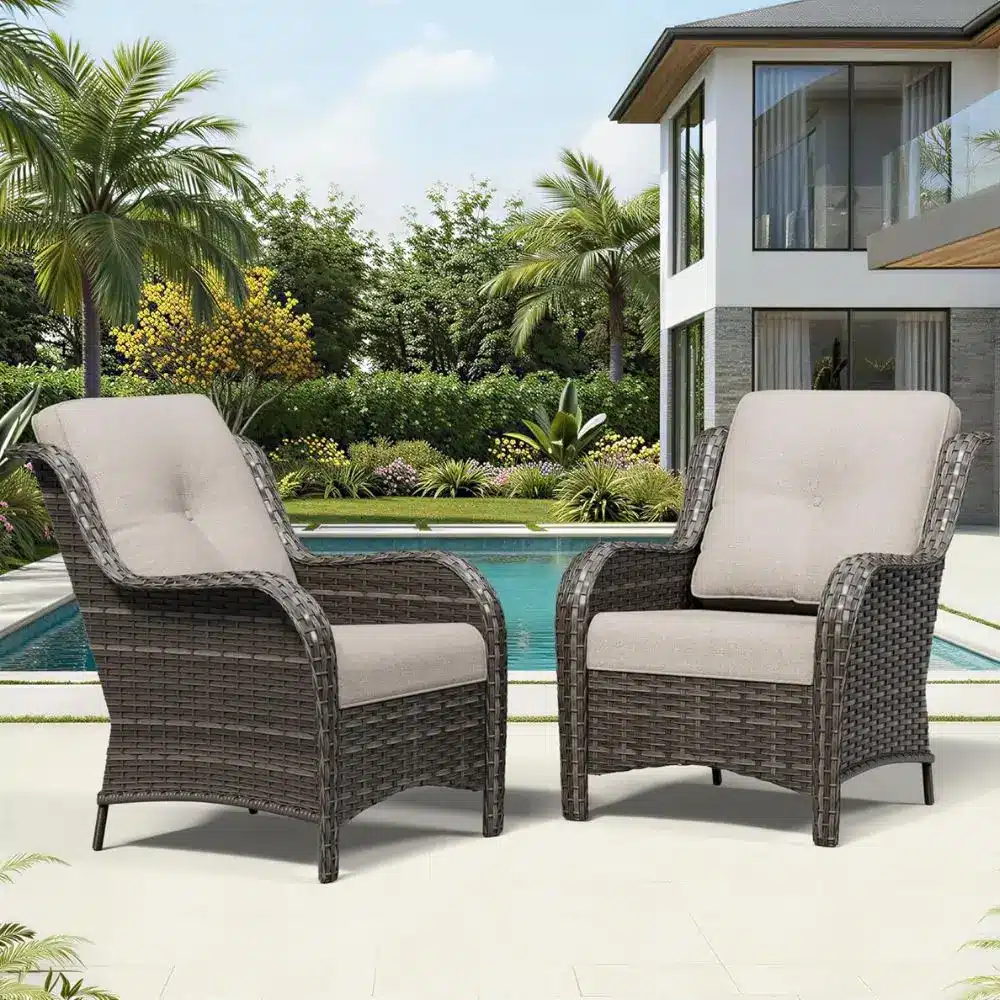 two outdoor wicker chairs