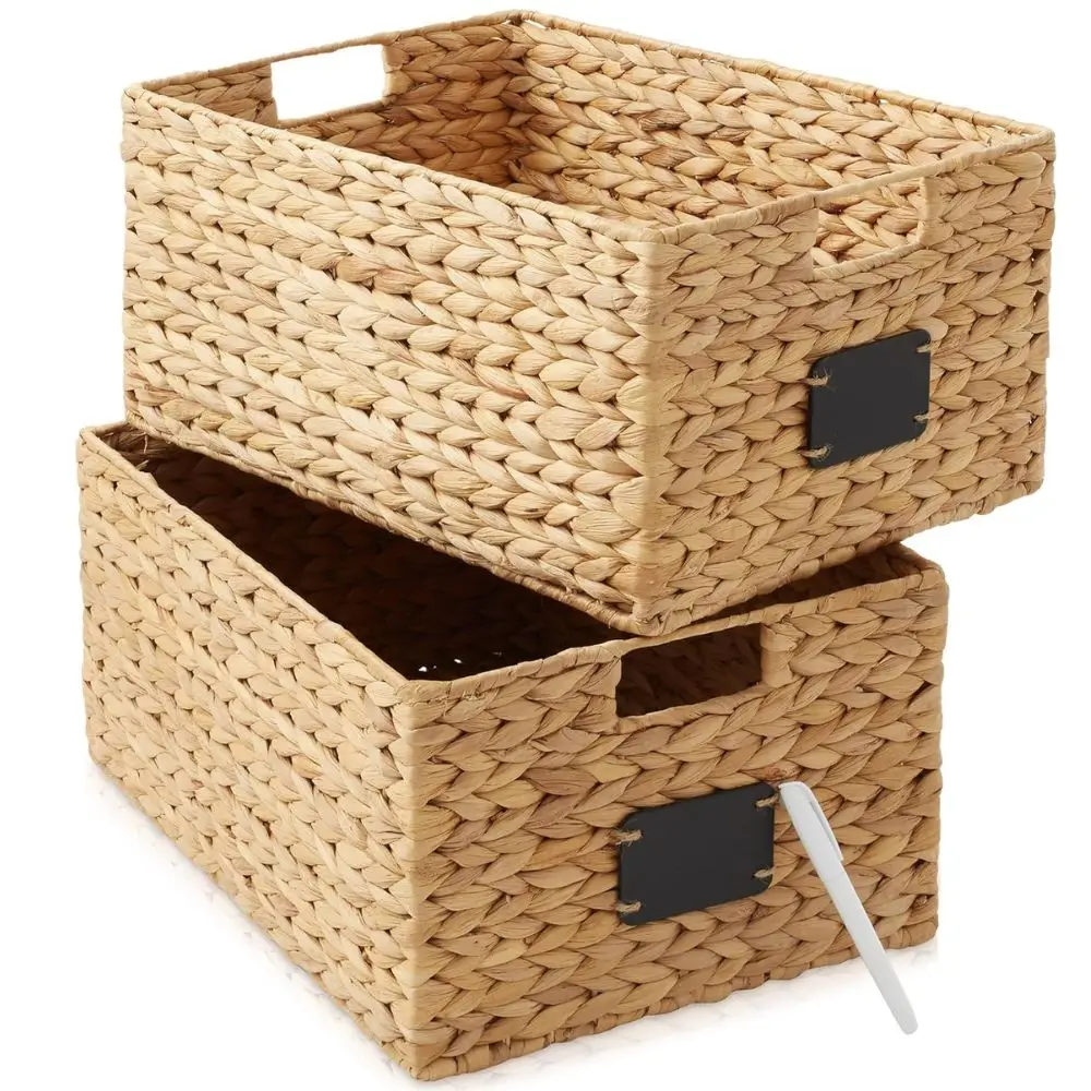 two woven baskets with label in front of baskets