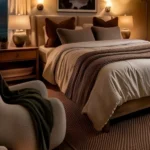 Warm neutral bedroom at night with bedside lamps, wall sconces above the bed, and a low accent light beside a chair