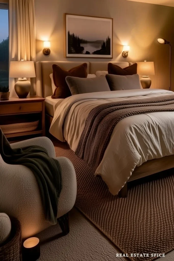 Warm neutral bedroom at night with bedside lamps, wall sconces above the bed, and a low accent light beside a chair