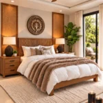 Warm bedroom with a wood and cane bed, fluffy white duvet, taupe faux fur throw, black woven lamps, and curtains framing a glass patio door.