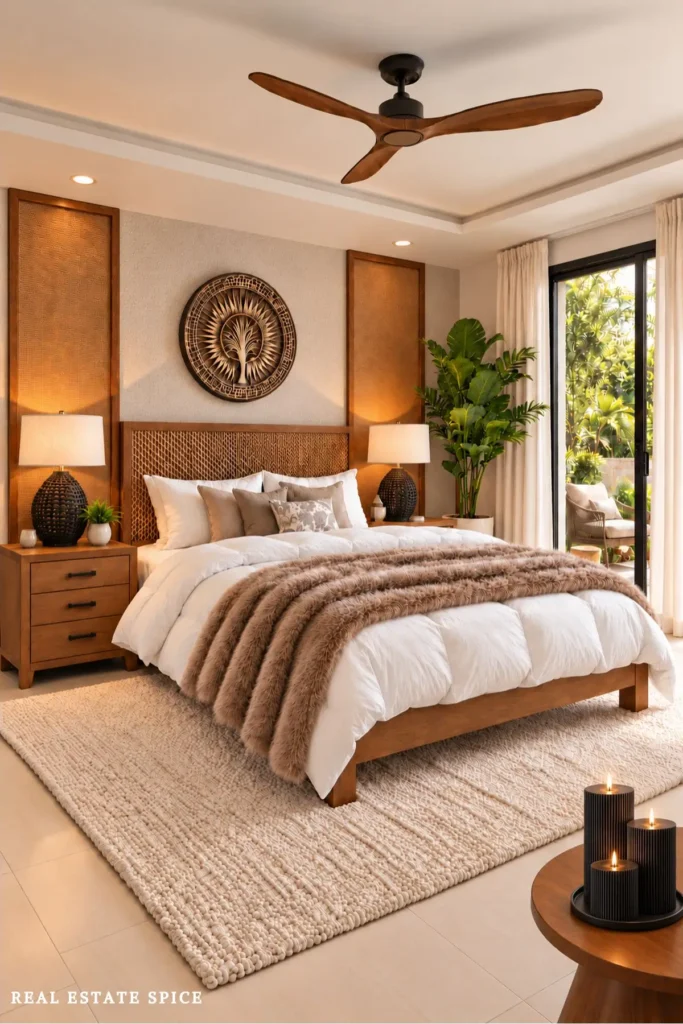 Warm bedroom with a wood and cane bed, fluffy white duvet, taupe faux fur throw, black woven lamps, and curtains framing a glass patio door.
