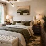 Warm neutral bedroom with a modern aged-brass globe chandelier, brass bedside lamps, fluted walnut furniture, olive bedding, and a tufted storage bench