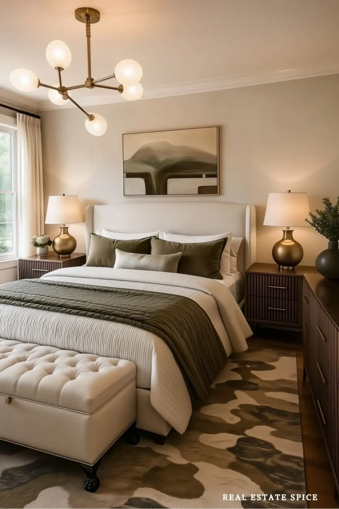 Warm neutral bedroom with a modern aged-brass globe chandelier, brass bedside lamps, fluted walnut furniture, olive bedding, and a tufted storage bench