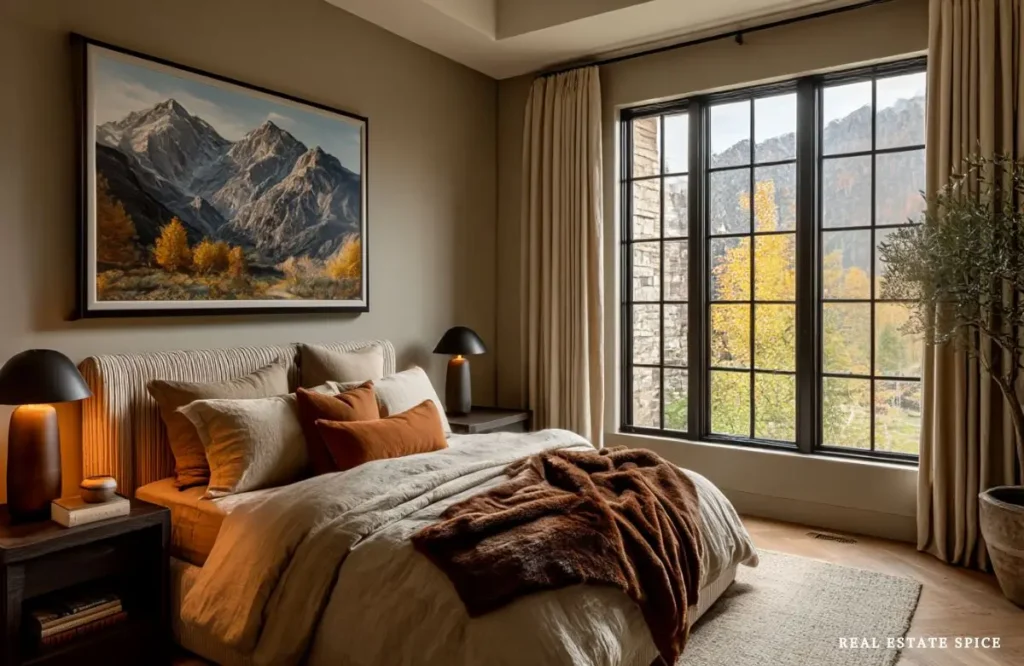 Warm bedroom with cream bedding, rust pillows, a brown throw, mountain artwork, and a black-framed window overlooking the mountains.