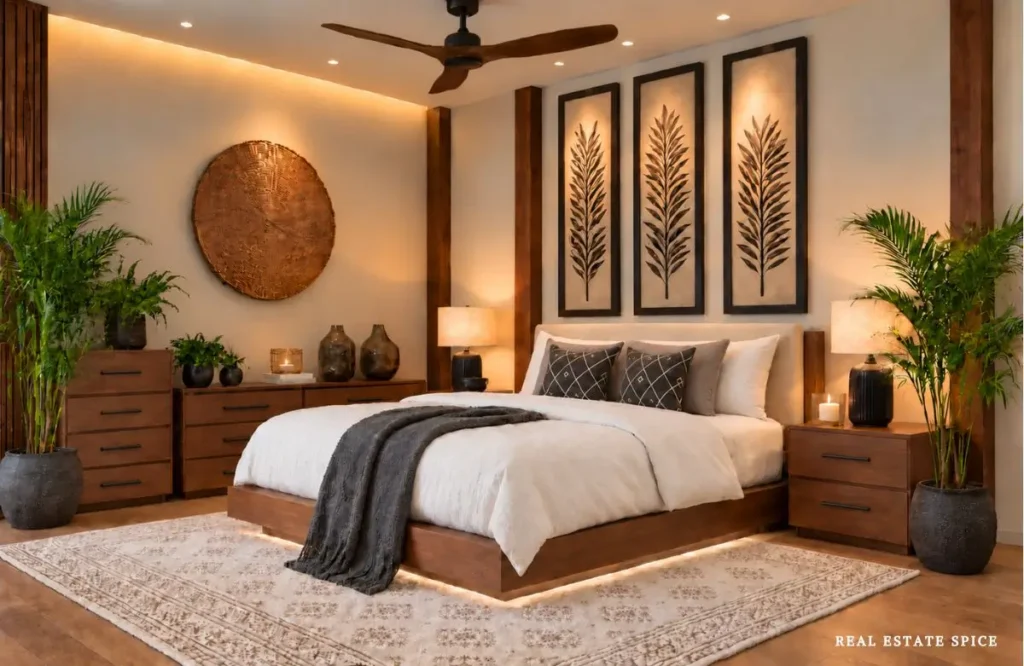 Warm bedroom with a wood platform bed, cream bedding, charcoal pillows, framed botanical art, a wood ceiling fan, and a patterned area rug.
