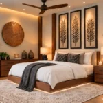 Warm bedroom with a wood platform bed, cream bedding, charcoal pillows, framed botanical art, a wood ceiling fan, and a patterned area rug.