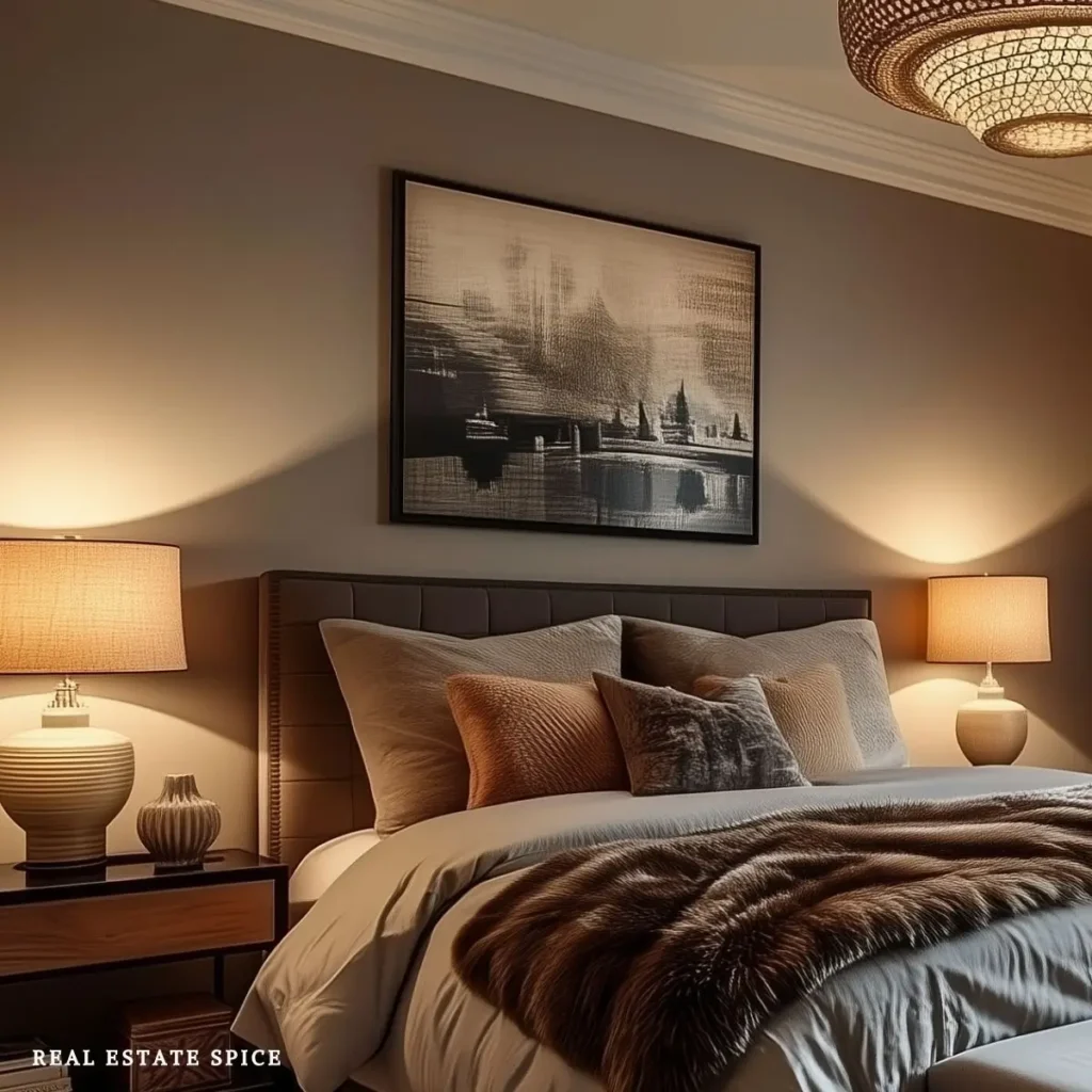 Warm brown bedroom with layered taupe bedding, a textured throw blanket, bedside lamps, an upholstered headboard, and framed landscape art