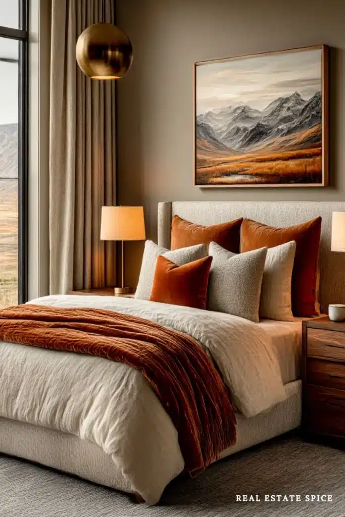 Warm neutral bedroom with cream bedding, rust pillows and throw, taupe curtains, dark wood furniture, and brass lighting.