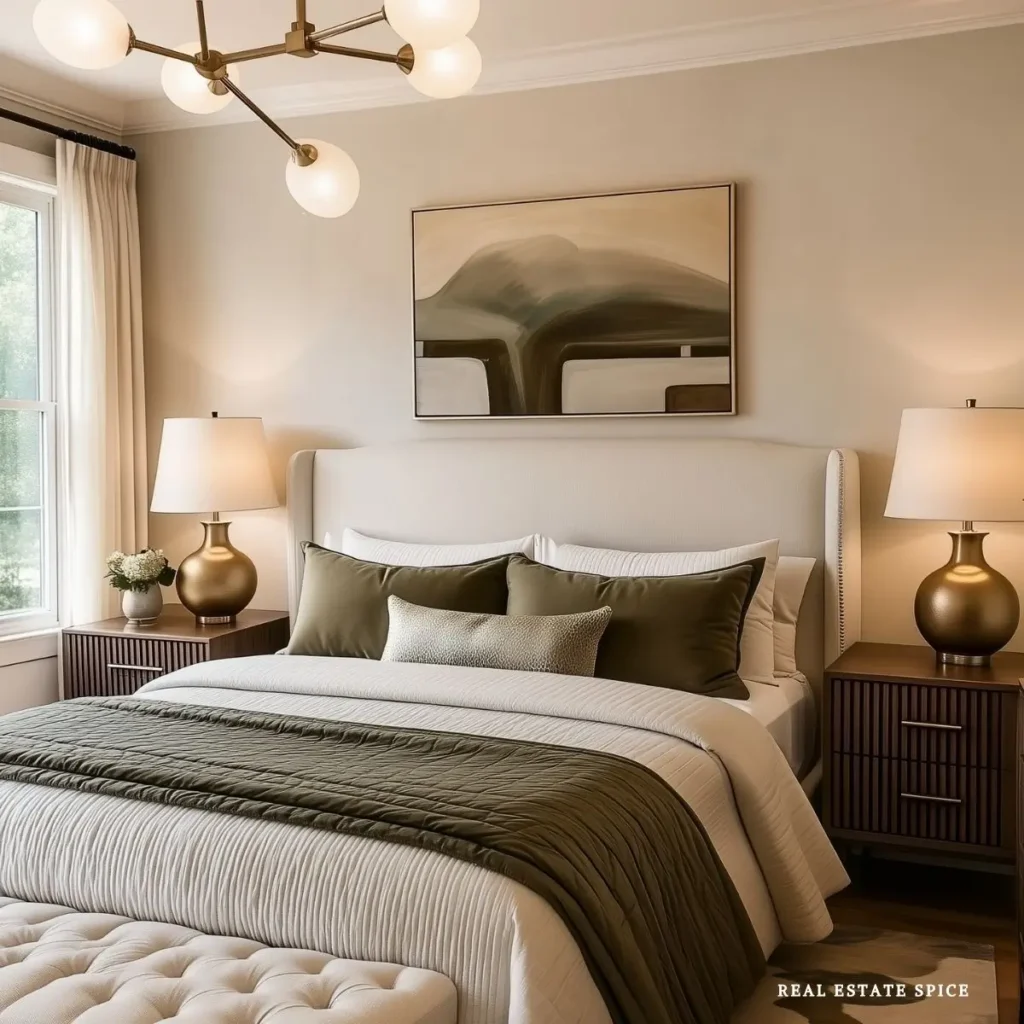 Warm neutral bedroom with olive and cream bedding, matching brass lamps, dark wood nightstands, abstract art, and a globe ceiling light