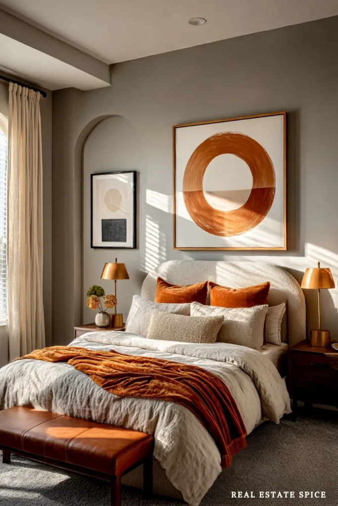 Warm neutral bedroom with gray carpet, a curved cream upholstered bed, rust-colored pillows and throw, brass lamps, and large circular wall art.