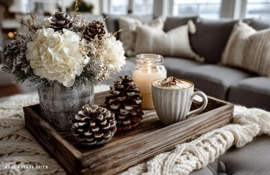 white and grey winter christmas tray in living room