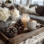 white and grey winter christmas tray in living room