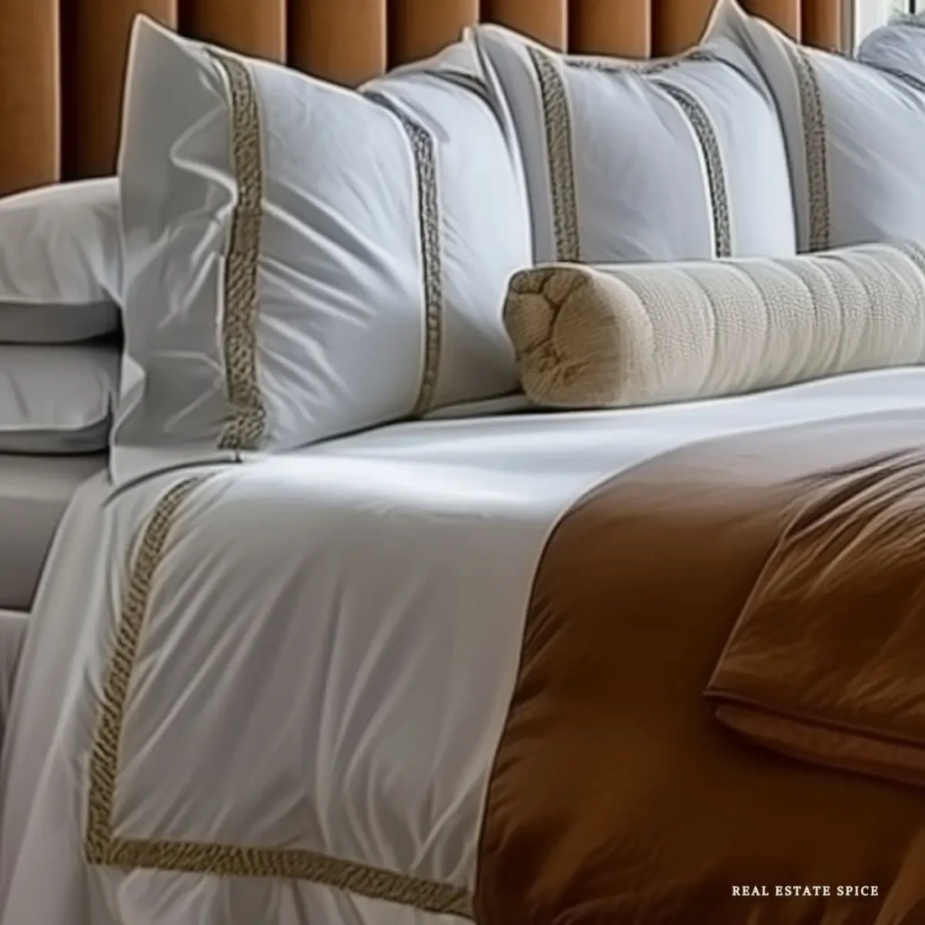 White bedding with taupe decorative trim, bordered pillow shams, a textured bolster, and a warm brown cover.