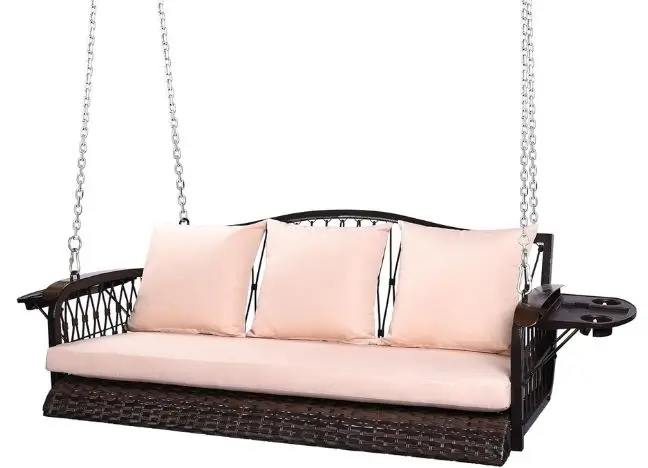 wicker porch swing with cushions