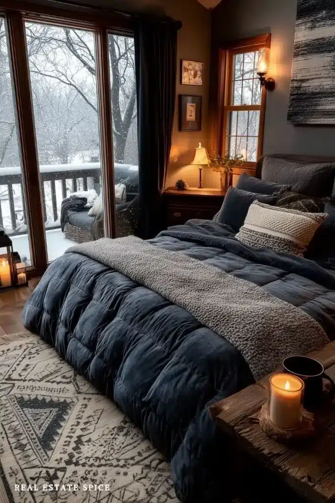 winter bedroom velvet accents cozy lighting