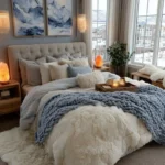 winter bedroom with cream and light blue