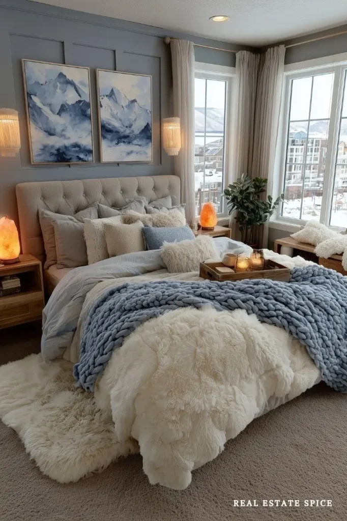 winter bedroom with cream and light blue