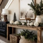winter decor with deer pine trees cream home winter decor on console table