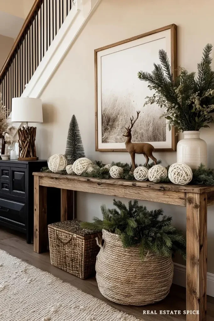 winter decor with deer pine trees cream home winter decor on console table