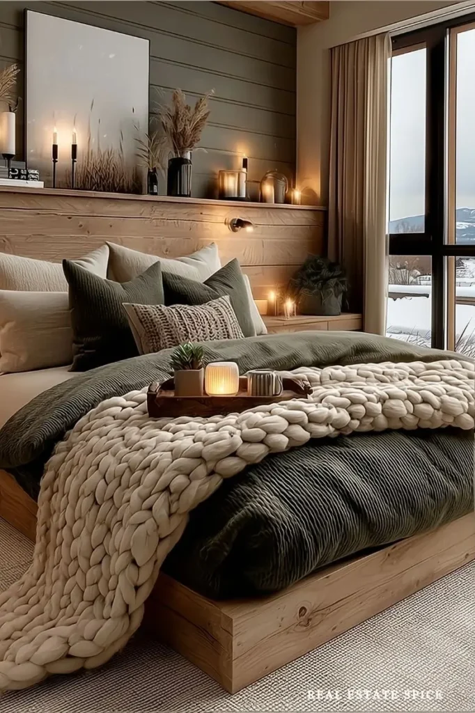 winter decorated bedroom at twilight with candles earth colors wood headboard
