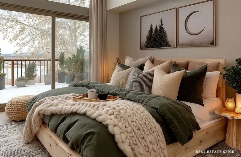 winter decorated bedroom with cream and dark green accents colors wood bedframe