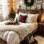winter decorated bedroom with rustic bedframe candles greenery winter wall art above the bed