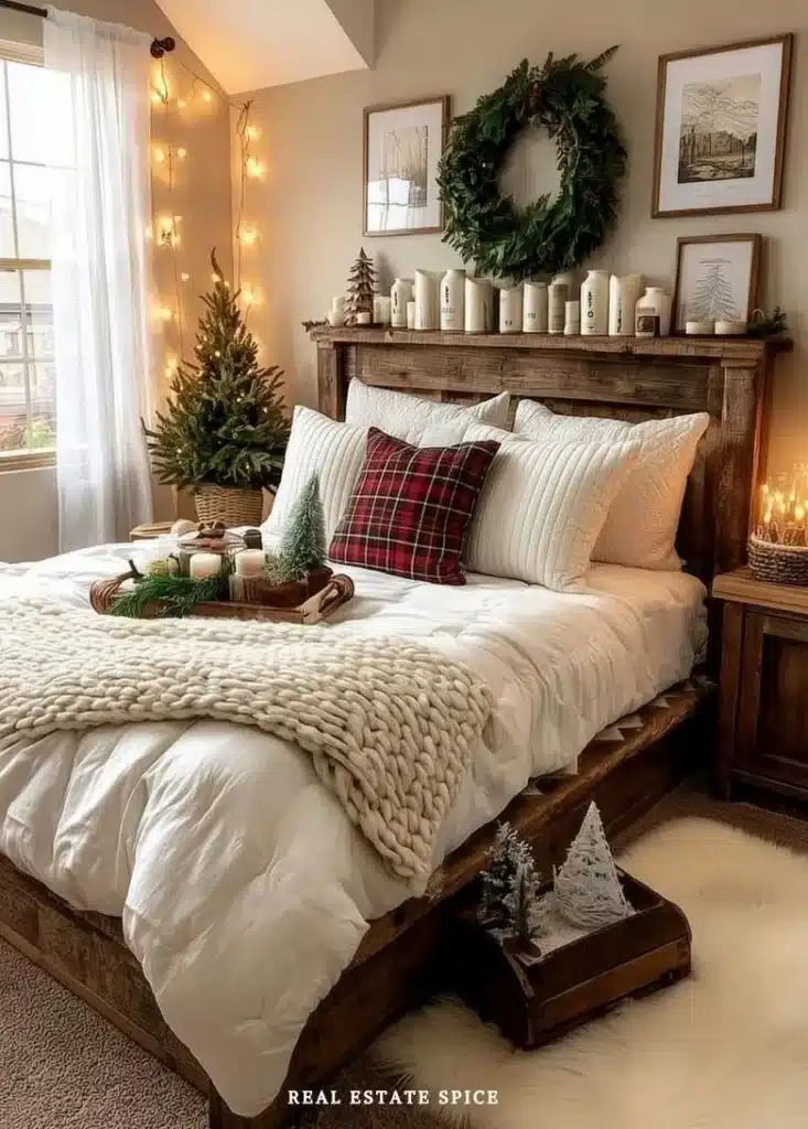 winter decorated bedroom with rustic bedframe candles greenery winter wall art above the bed